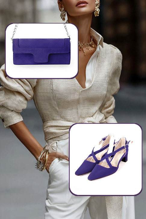 Dress heels closed-back crossed straps in violet purple leather with kitten heels and tapered toe - Worn view